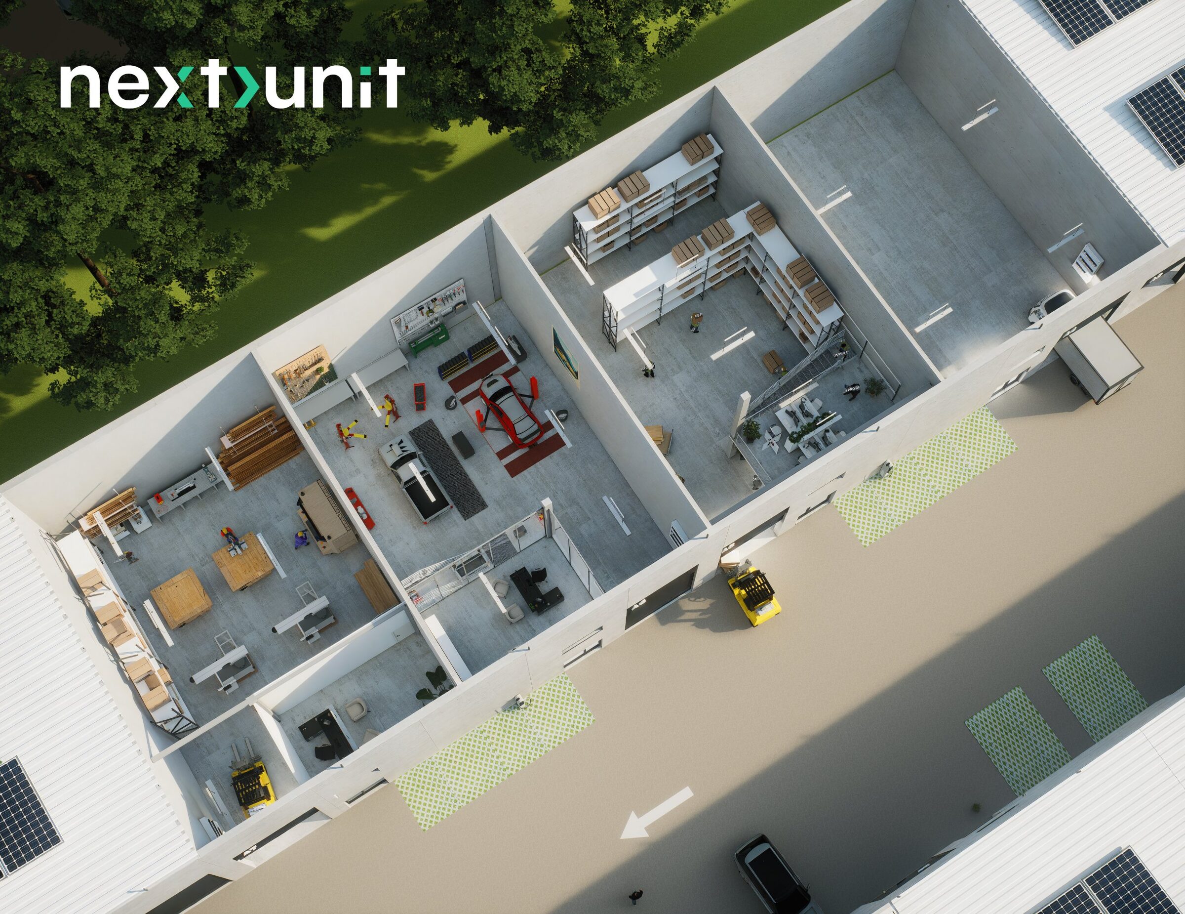 Rendu 3D de l'intérieur d'une unité aménagée en atelier